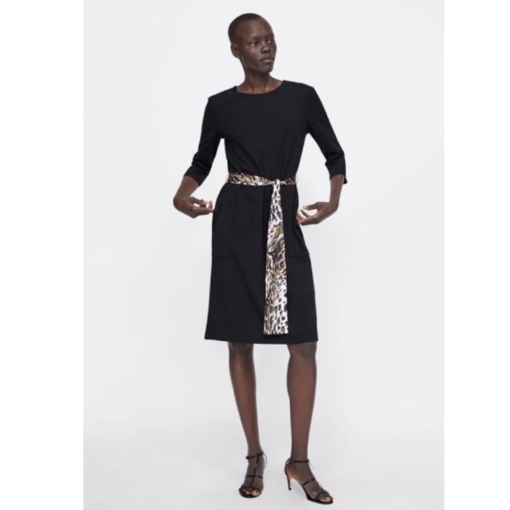 Zara Black Dress with Leopard Print Detail tie waist